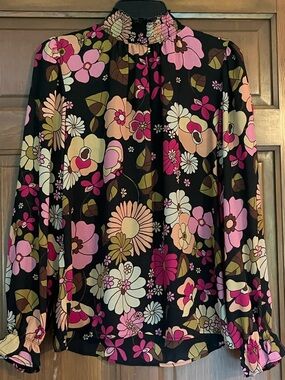 Black Floral Smocked Neck Blouse with Pink & Peach Flowers. Retro Brand New Med